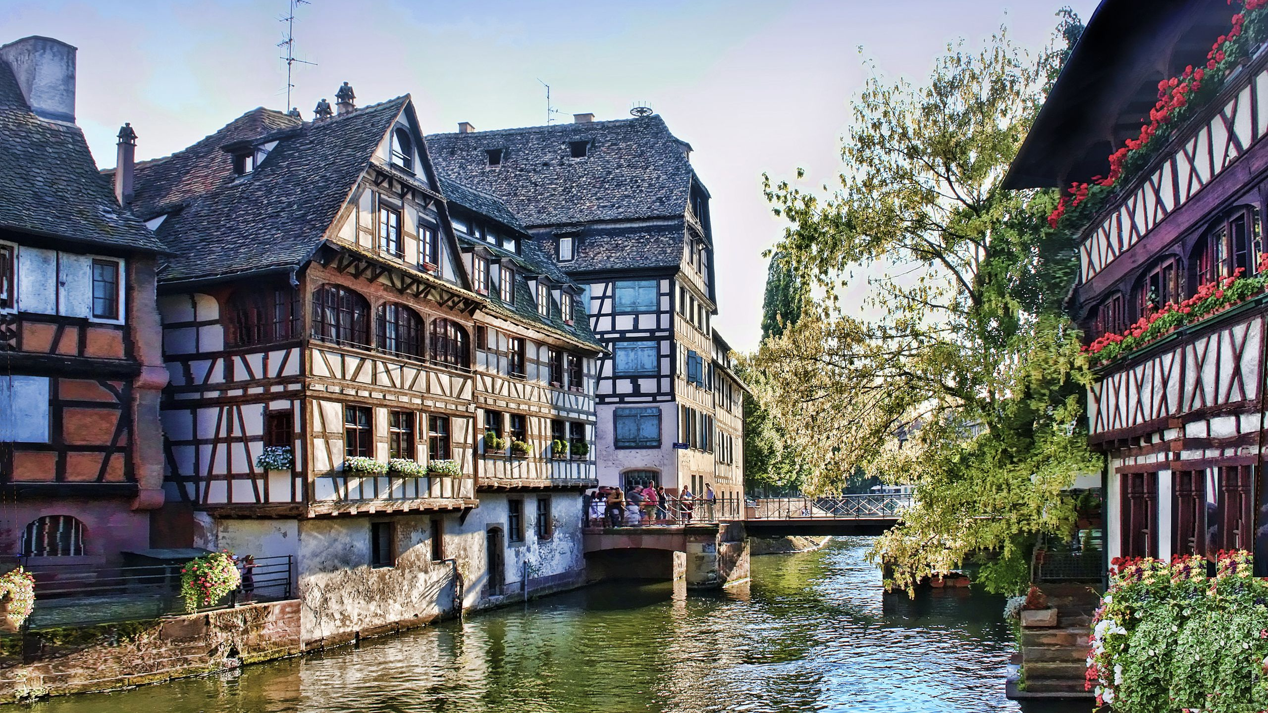 Обои водный путь, канал, городок, вода, здание в разрешении 2560x1440