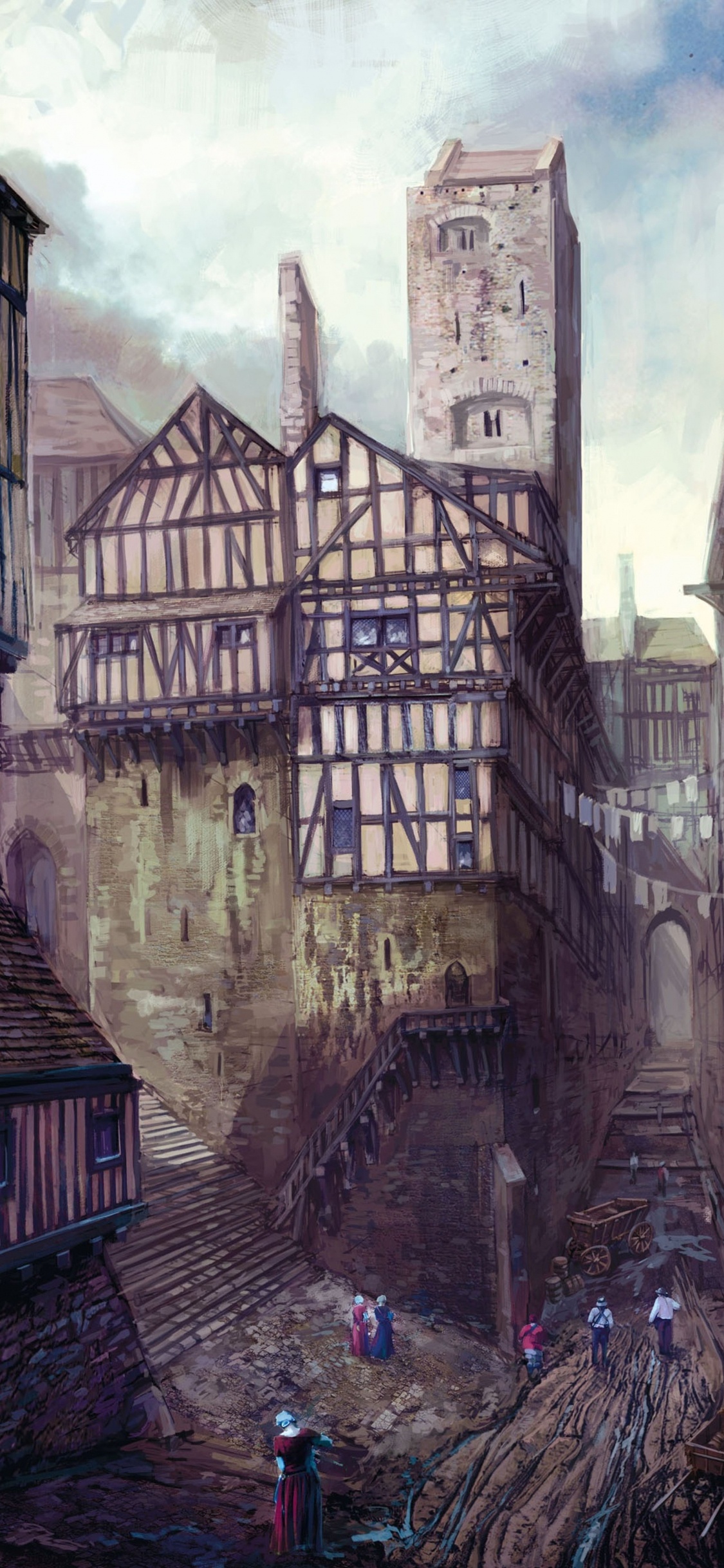 Обои Ведьмак 3 дикая охота, арт, концепт арт, городок, здание в разрешении 1125x2436