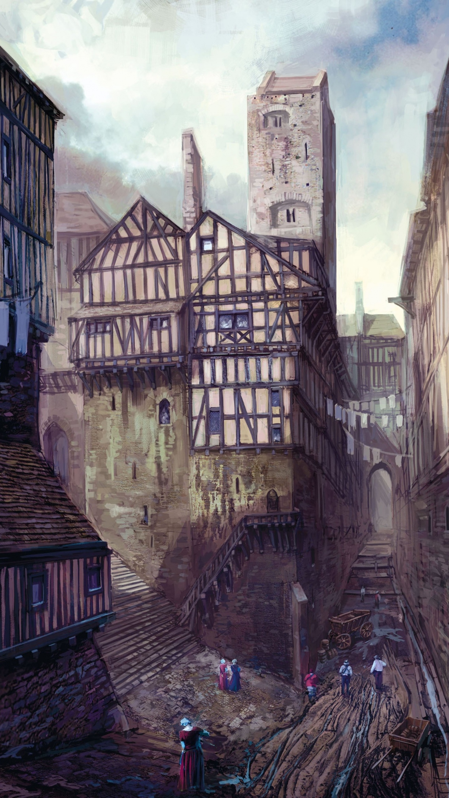 Обои Ведьмак 3 дикая охота, арт, концепт арт, городок, здание в разрешении 1440x2560