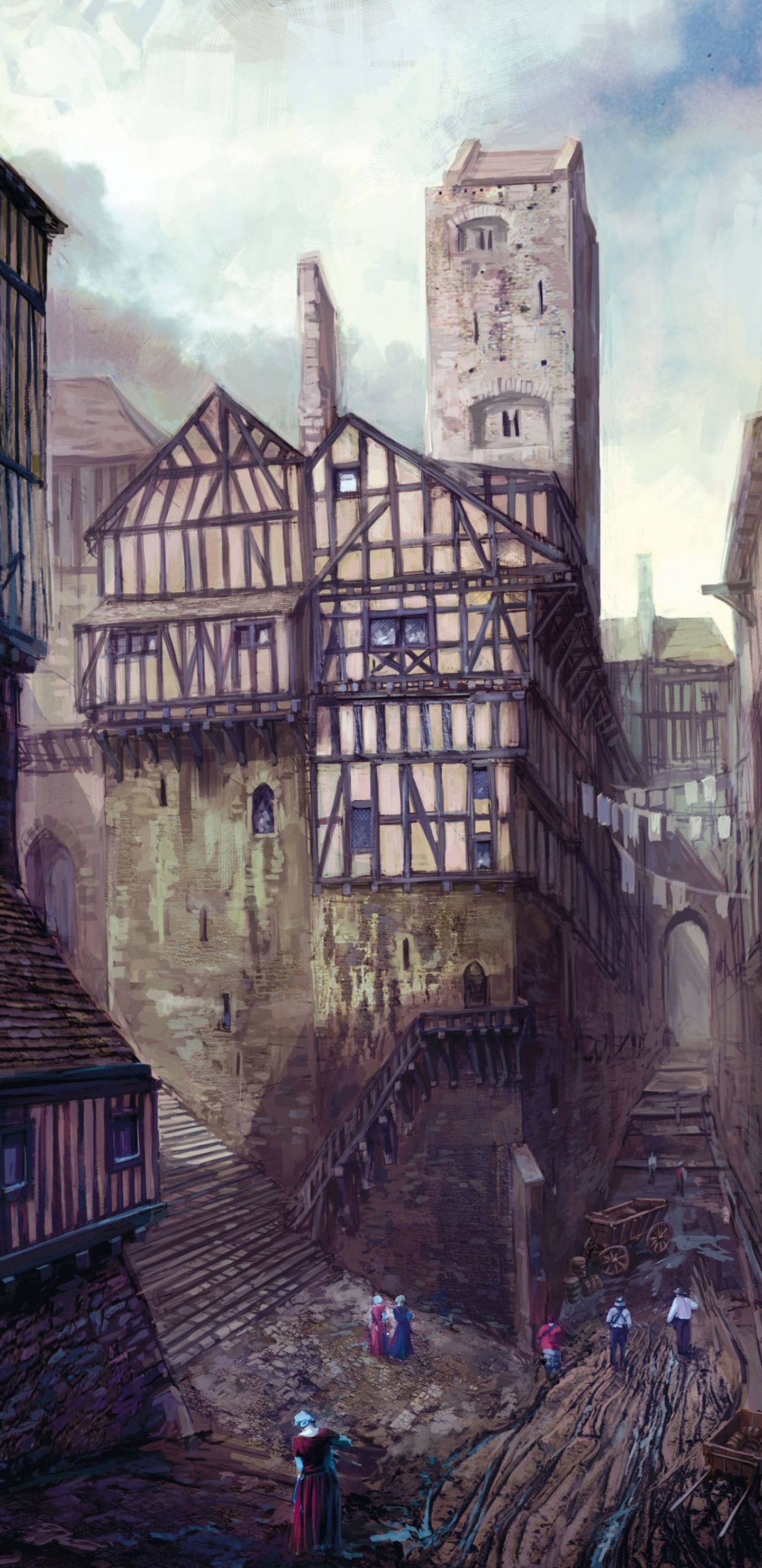 Обои Ведьмак 3 дикая охота, арт, концепт арт, городок, здание в разрешении 1440x2960