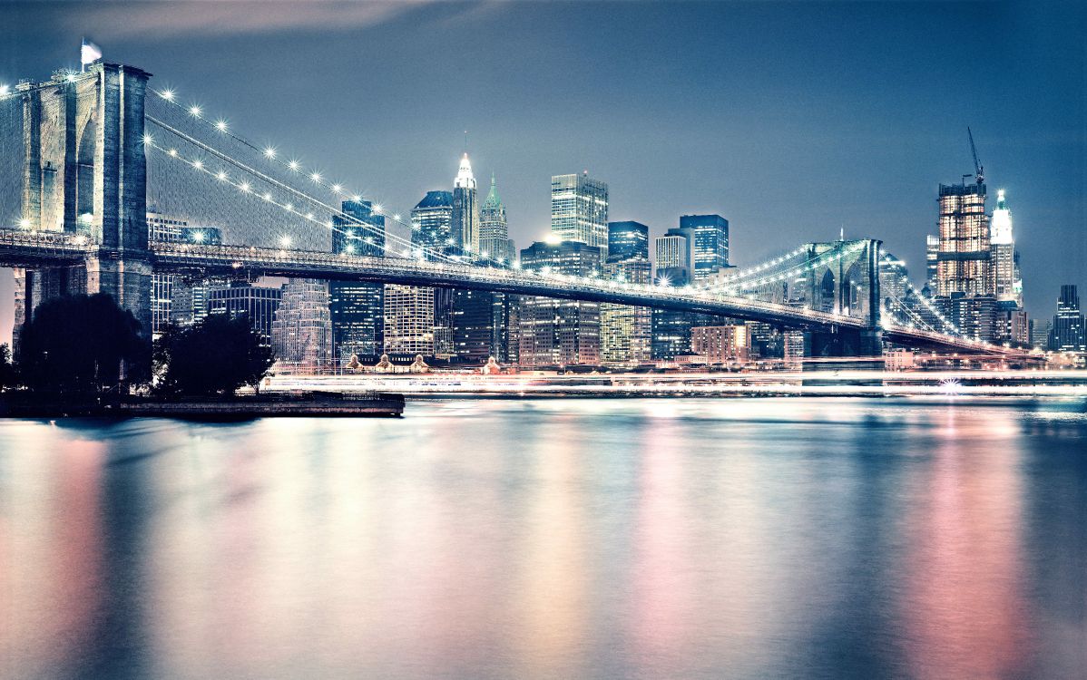 Обои Бруклинский мост, городской пейзаж, город, отражение, линия горизонта в разрешении 10000x6258
