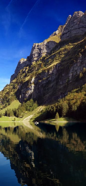 Обои Seealpsee, вода, облако, растение, гора в разрешении 1080x2340