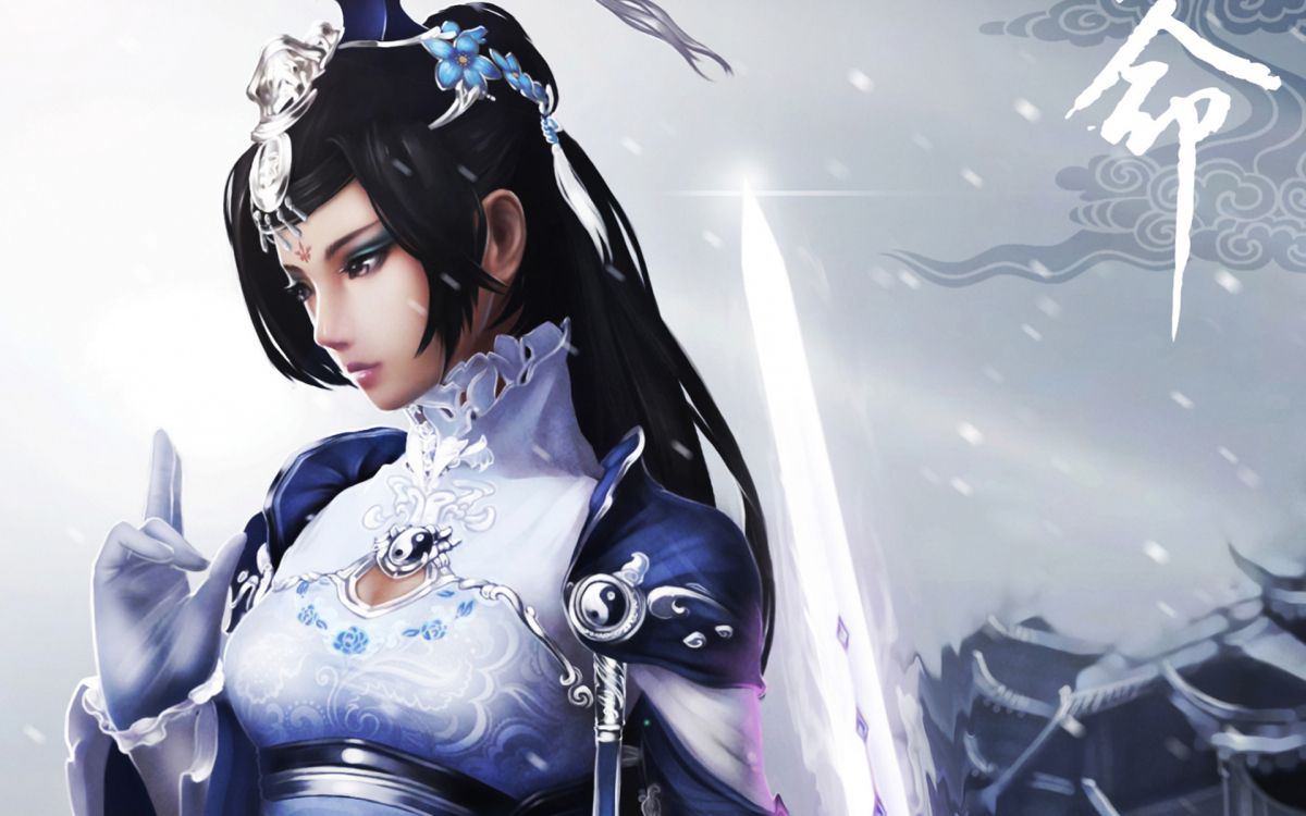 Обои костюм, каштановые волосы, снег, девушка, меч в разрешении 1920x1200