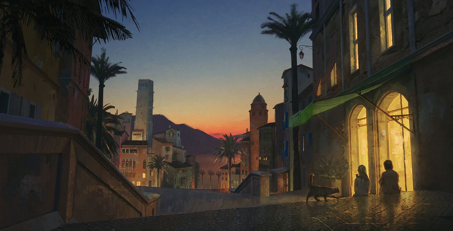 Обои его темные материалы читтагацце лира встречает Уилла, Его Темные Материалы, фэнтези, арт, городок в разрешении 3838x1962