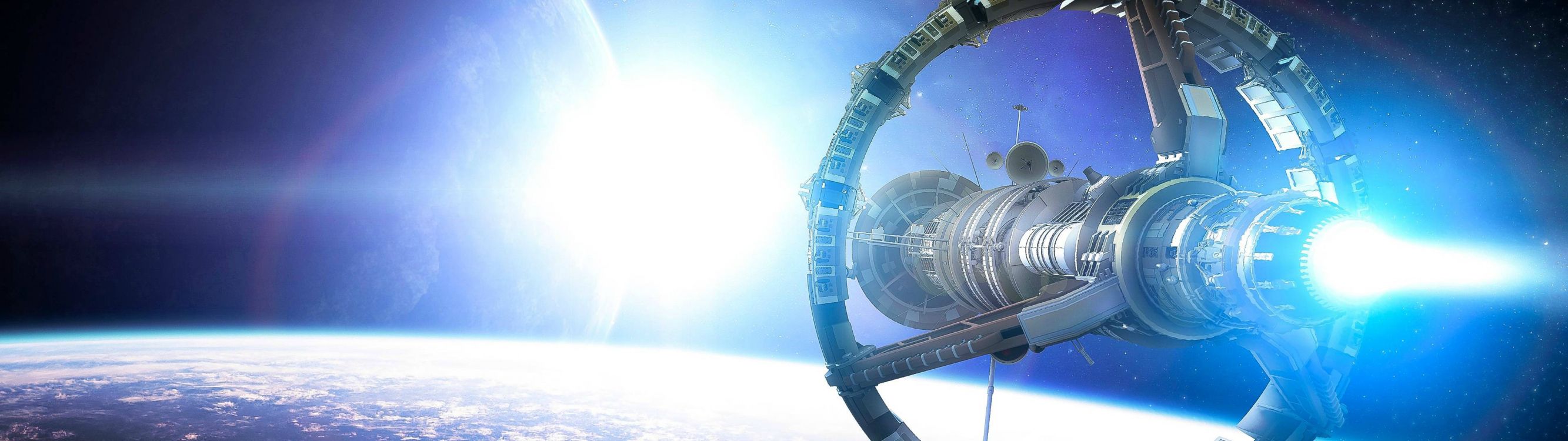 Обои атмосфера, космическая станция, земля, космос, космическое пространство в разрешении 3840x1080