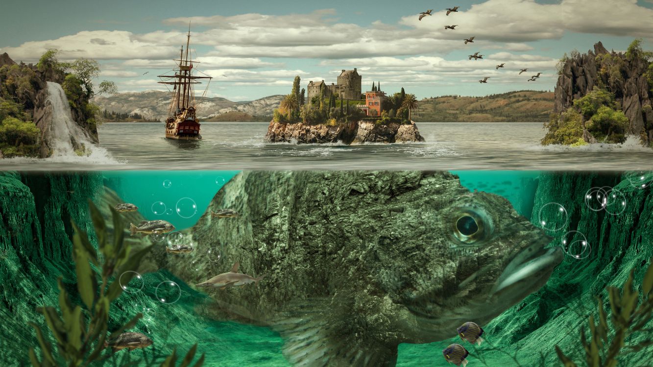 Обои вода, арт, облако, гидроресурсы, зеленый в разрешении 3840x2160