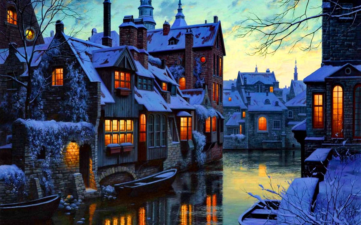 Обои вода, водный путь, городок, отражение, вечер в разрешении 2560x1600