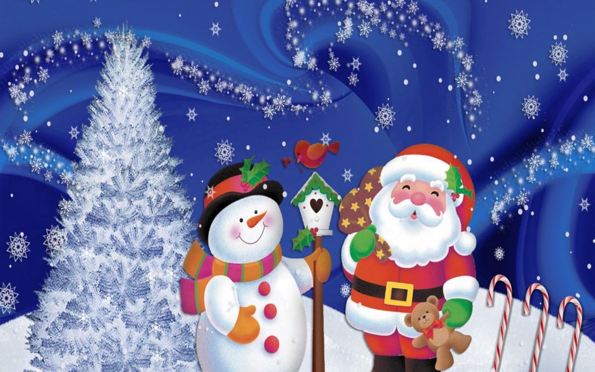 Обои Санта-Клаус, Рождество, Снеговик, елка, Рождественские украшения в разрешении 1920x1200