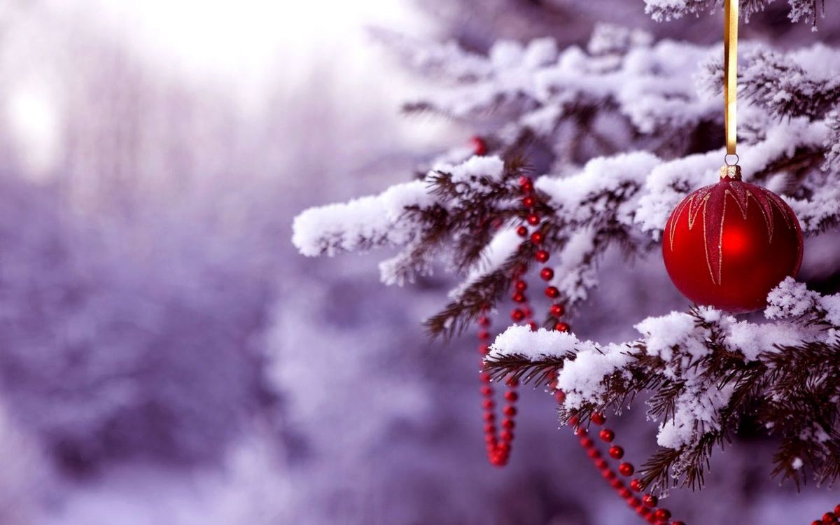 Обои Рождественский день, рождественский орнамент, елка, Рождественские украшения, снег в разрешении 2880x1800