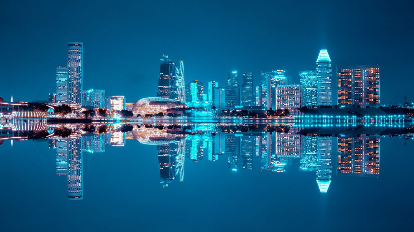 Обои город, городской пейзаж, синий, отражение, линия горизонта в разрешении 6000x3375