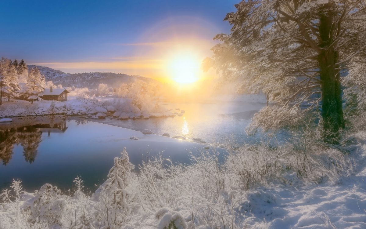Обои закат, природа, отражение, утро, зима в разрешении 2560x1600