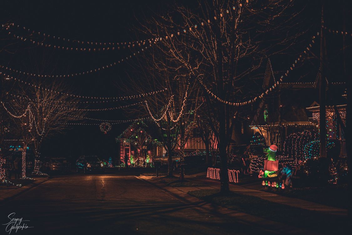 Обои Рождественские огни, гирлянда, уличный фонарь, украшение, орнамент в разрешении 6144x4096