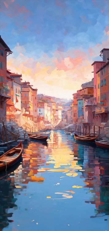 Обои лодка, живопись, вода, облако, дневное время в разрешении 1792x3782