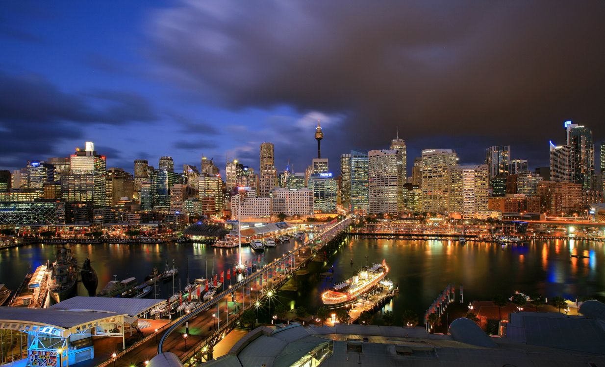 Обои мост Харбор Бридж, Дарлинг Харбор, сиднейский оперный театр, город, городской пейзаж в разрешении 2592x1575