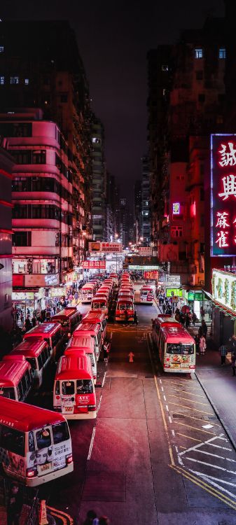 Обои уличный автобус гонконг ночной вид, автобус, Гонконг, транспорт, город в разрешении 1080x2400