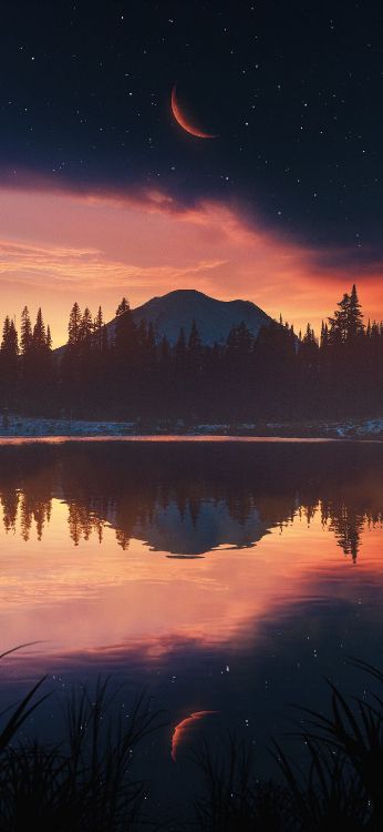 Обои природа, пейзаж, астрономический объект, сумрак, луна в разрешении 1407x3045