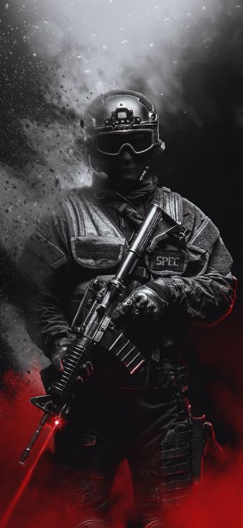 Обои солдат, рука, шлем, рукав, пулемет в разрешении 1080x2340