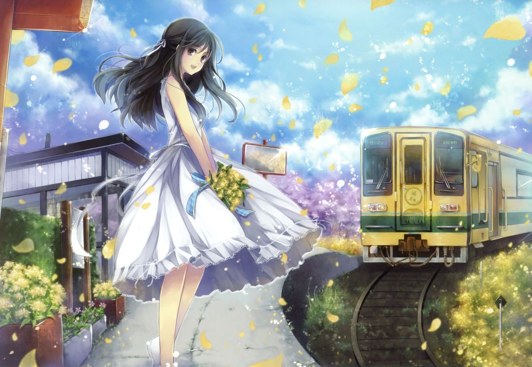 Обои аниме девушка летнее платье, аниме, одежда, поезд, мультфильм в разрешении 4904x3380