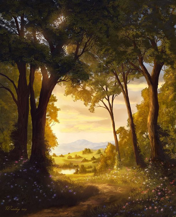 Обои природный ландшафт, природа, дерево, живопись, солнечный свет в разрешении 2480x3050