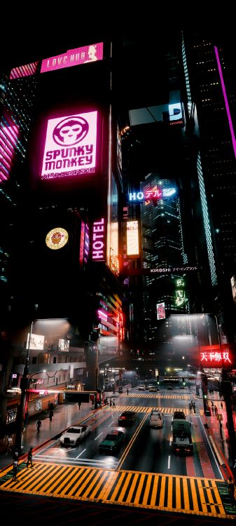 Обои небоскреб, Киберпанк, здание, свет, инфраструктура в разрешении 1080x2400