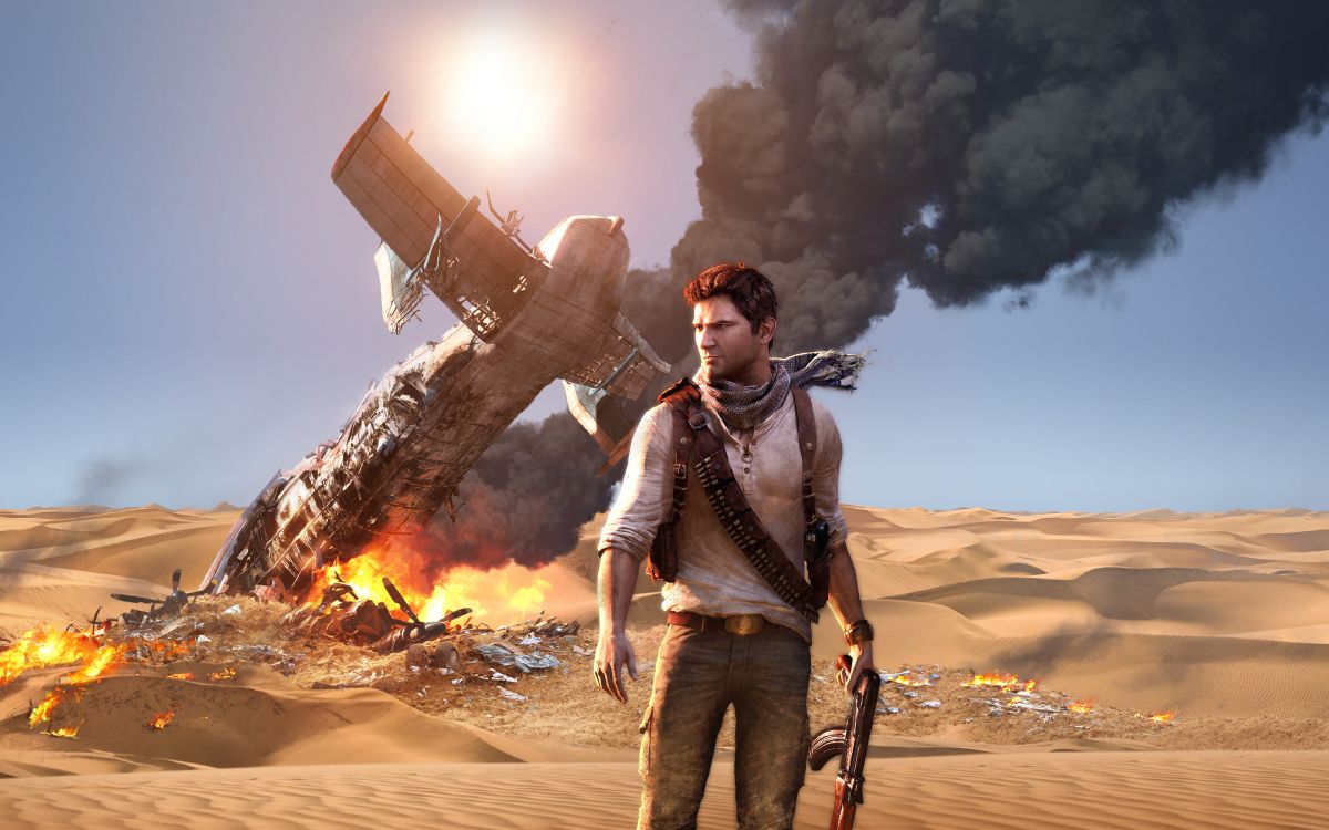 Обои uncharted 3 drakes deception, uncharted drakes fortune, игривый щенок, playstation 4, пустыня в разрешении 3840x2400