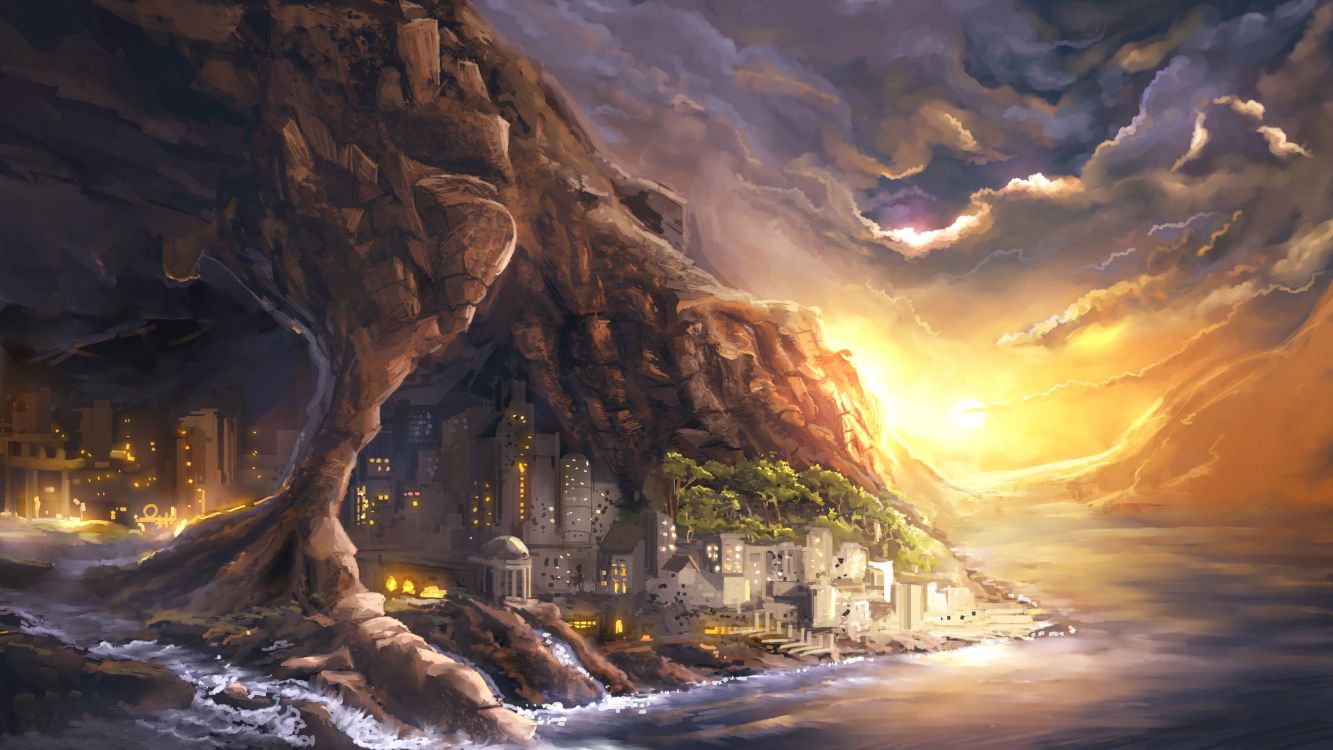 Обои фэнтези, пейзаж, местность, живопись, рок в разрешении 3840x2160