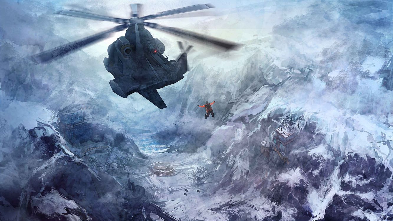 Обои живопись, самолеты, снег, акварельные краски, полет в разрешении 5120x2880