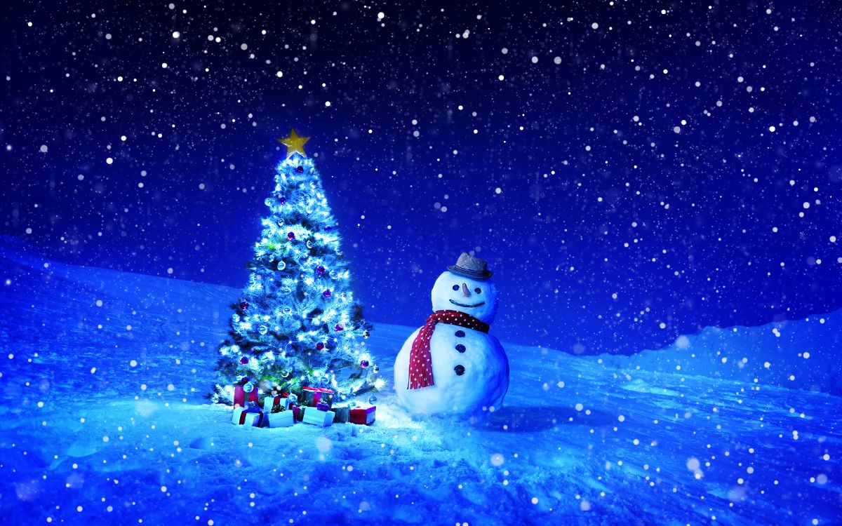 Обои елка, Снеговик, Рождественский день, пихта, зима в разрешении 3840x2400
