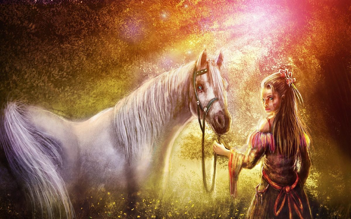 Обои конь, арт, фантастическое искусство, фэнтези, Люди в природе в разрешении 3840x2400