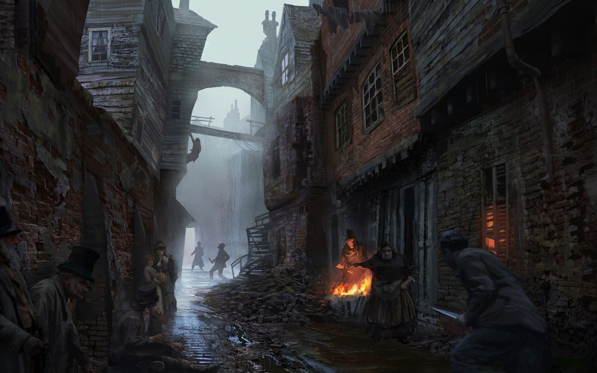 Обои assassins creed syndicate, темнота, assassins creed origins, средневековые трущобы фэнтези арт, видеоигра в разрешении 2560x1600
