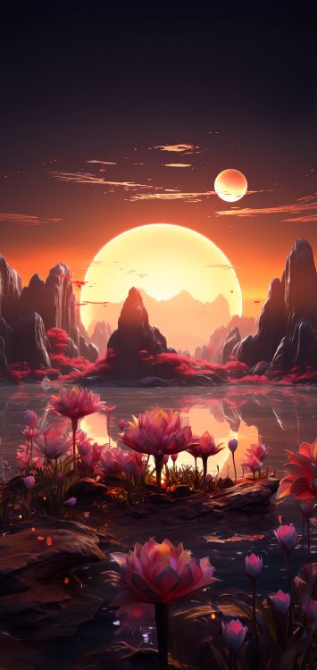 Обои послесвечение, закат, солнце, экорегион, растение в разрешении 1632x3446