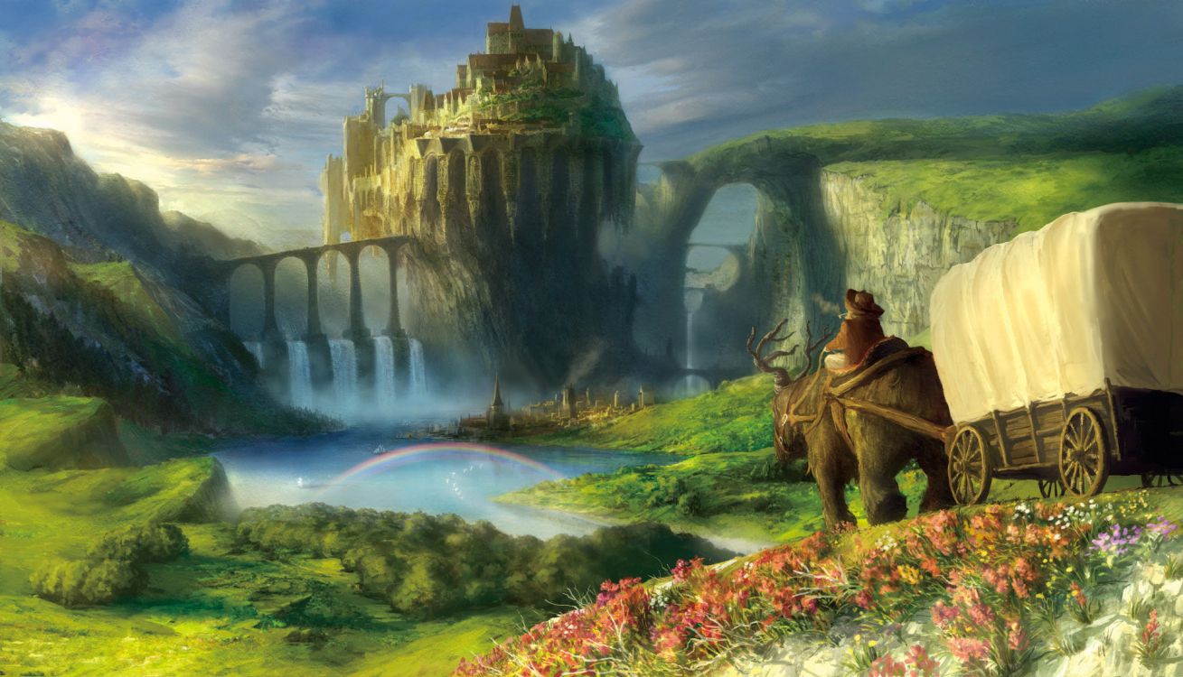 Обои природа, живопись, пейзаж, арт, водопад в разрешении 1920x1100