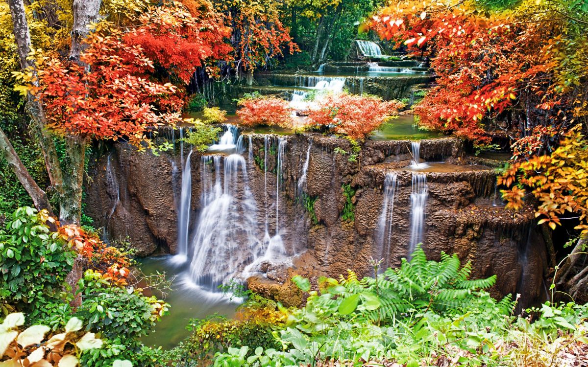 Обои водопад, водоем, природа, лист, осень в разрешении 2560x1600