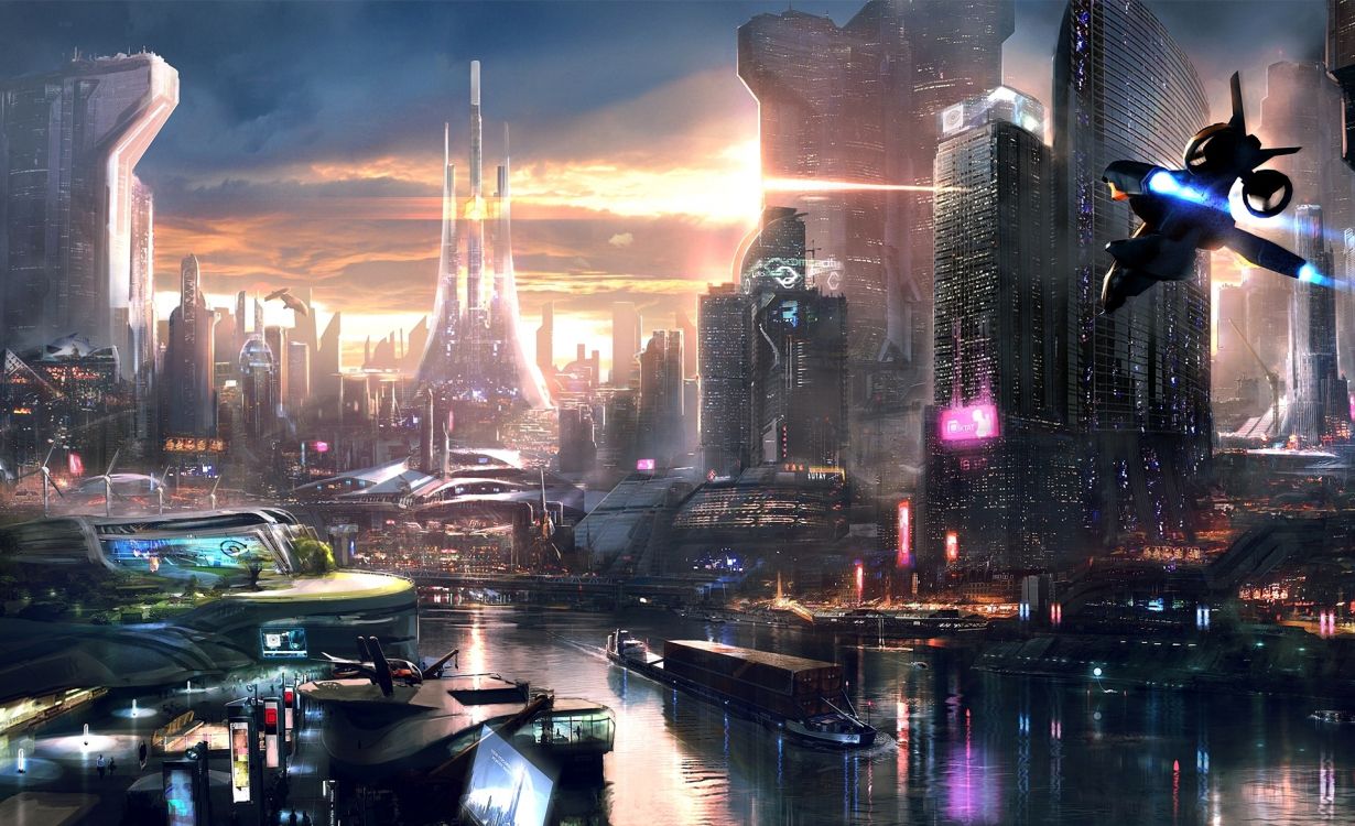 Обои концепт арт, арт, Киберпанк, артист, городской пейзаж в разрешении 1920x1170