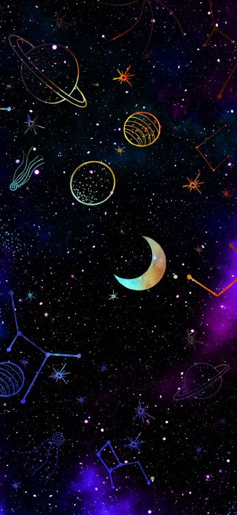 Обои рисование, атмосфера, мир, луна, Галактика в разрешении 1080x2340