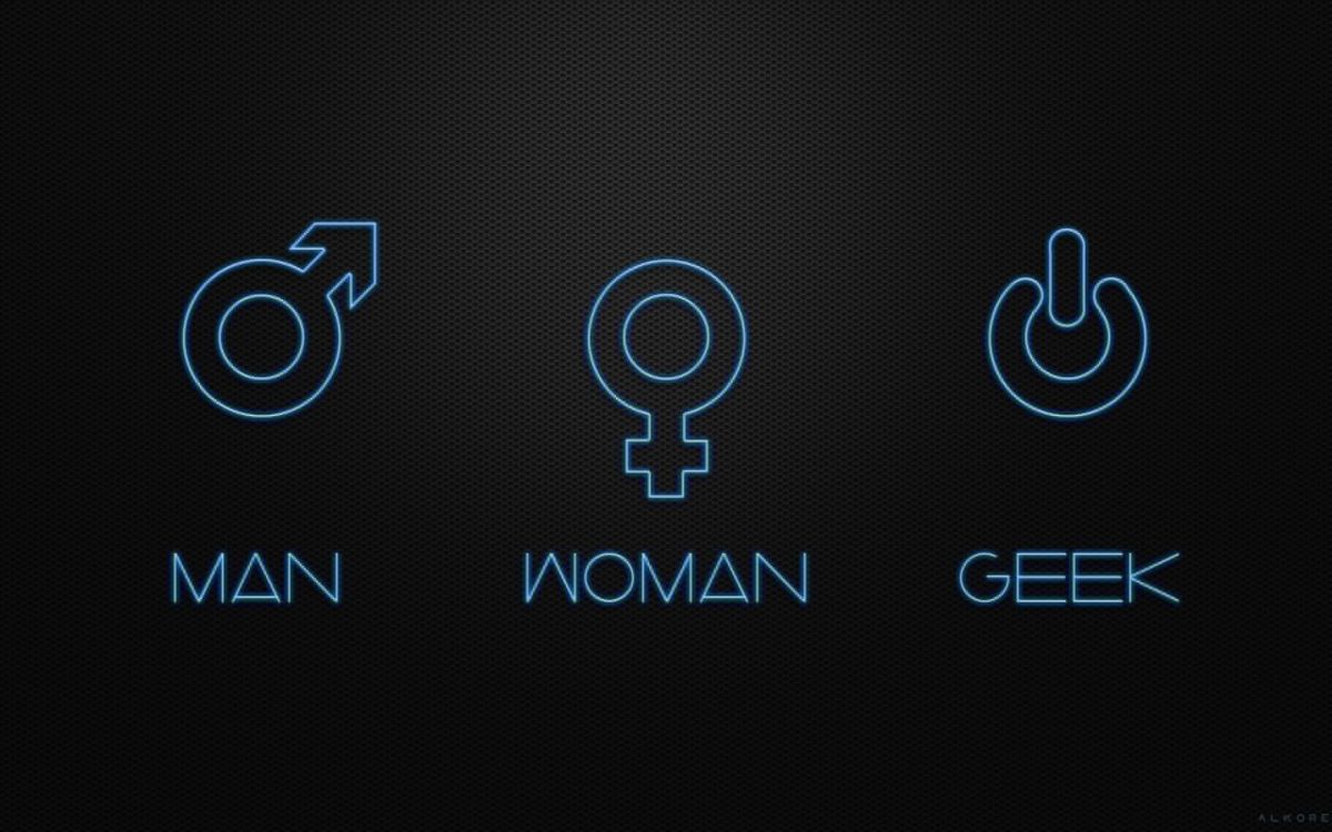 Обои мужчина женщина гик, текст, лого, графика, марка в разрешении 2560x1600
