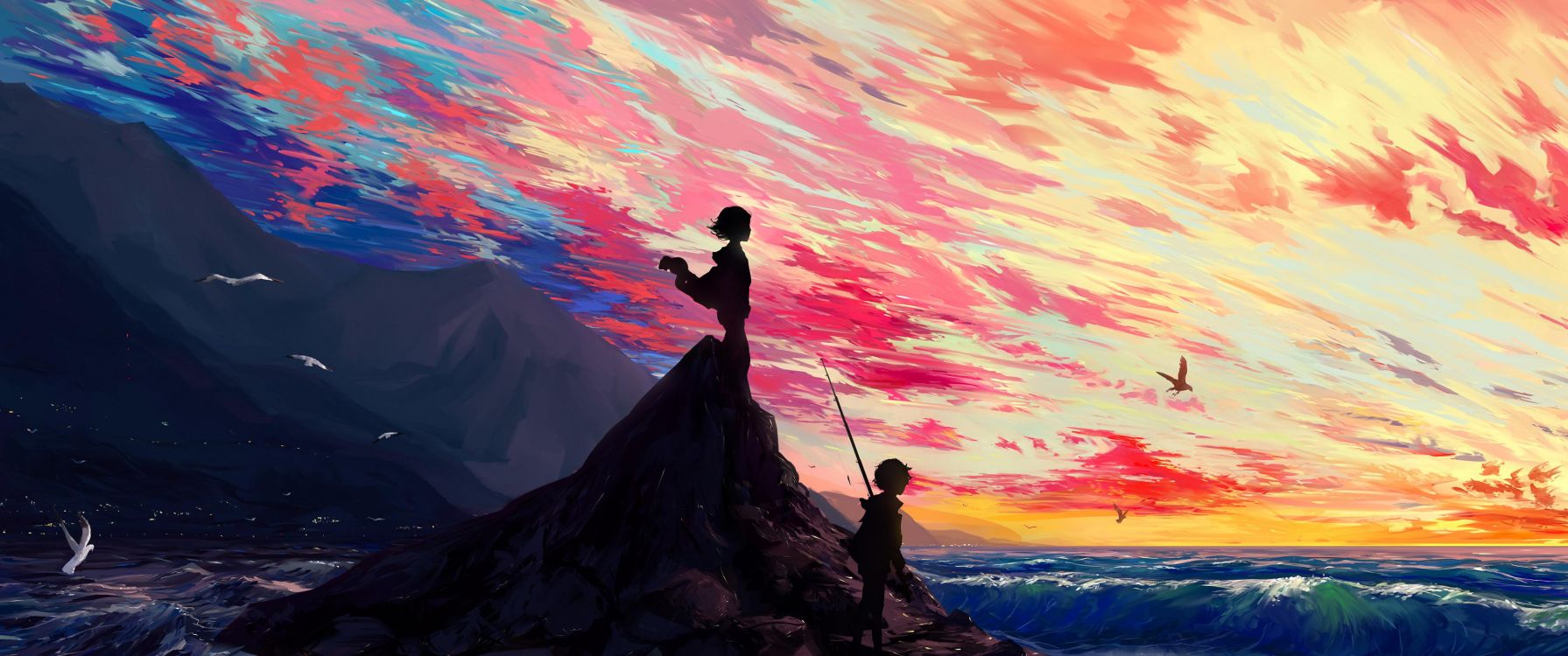 Обои живопись, пейзажная живопись, абстрактное искусство, арт, цифровое искусство в разрешении 3440x1440