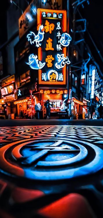 Обои ночь, неоновая вывеска, синий, свет, освещение в разрешении 1420x3000