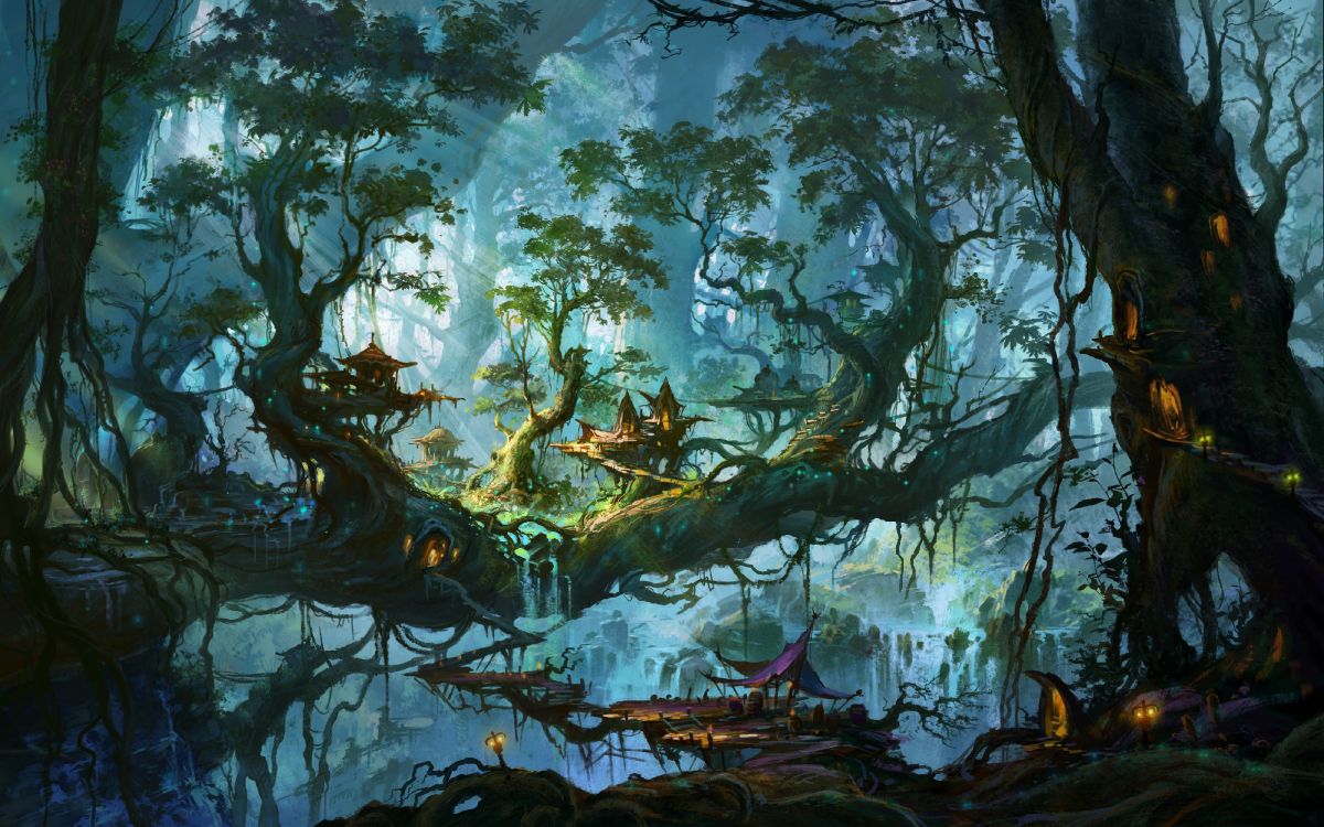Обои фэнтези, дерево, заболоченный рукав реки, лес, живопись в разрешении 4000x2500