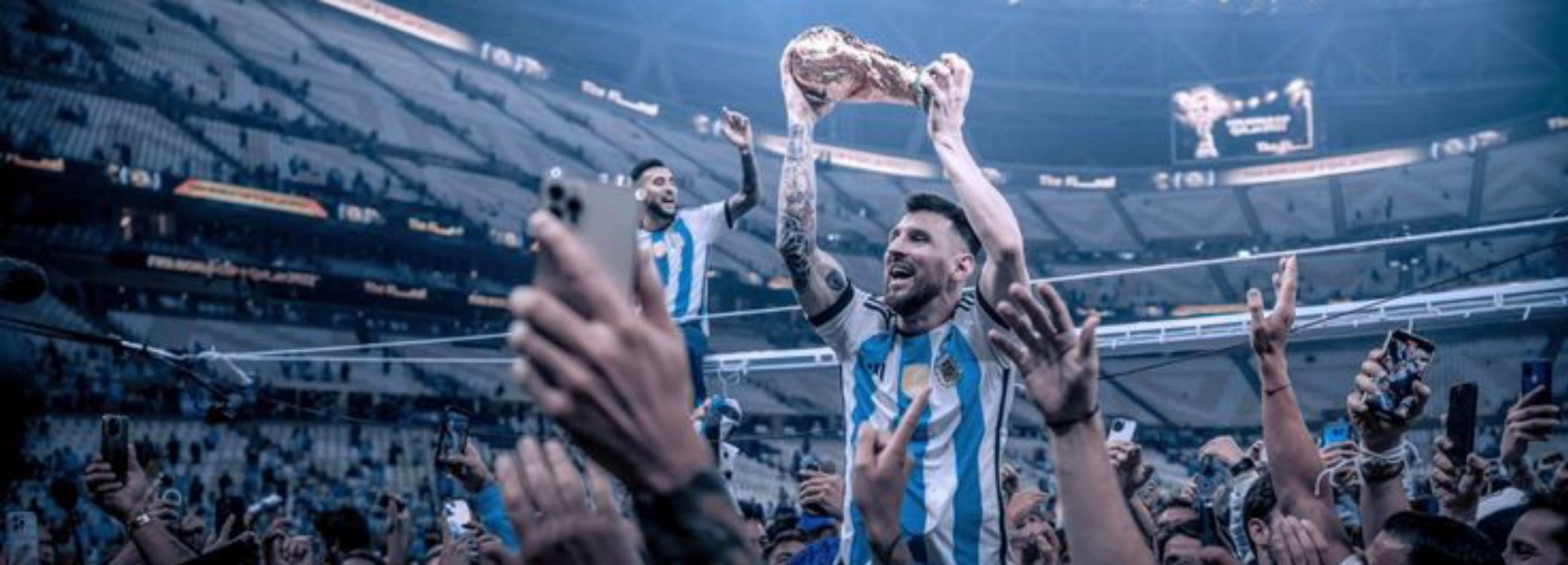 Обои Лионель Месси, Скотиабанк Арена, чемпионат мира 2022 года, Финал чемпионата мира по футболу 2022 года, ФК Барселона в разрешении 3000x1080