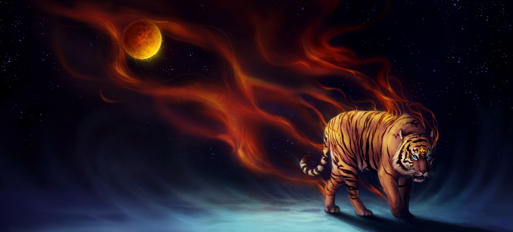 Обои тигр, цифровое искусство, иллюстрация, бенгальский тигр, кошачьих в разрешении 3995x1807