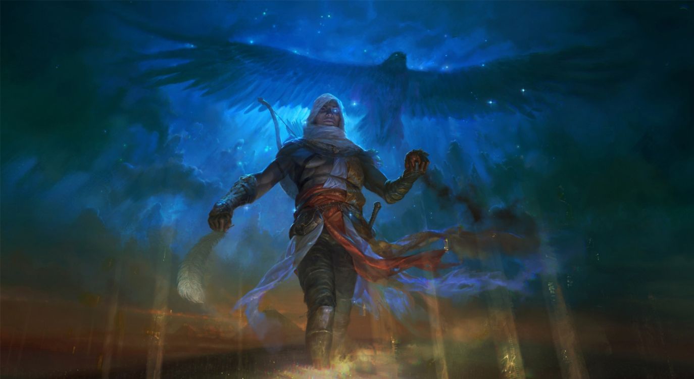 Обои assassins creed origins, произведение искусства, мифология, иллюстрация, небо в разрешении 1979x1080