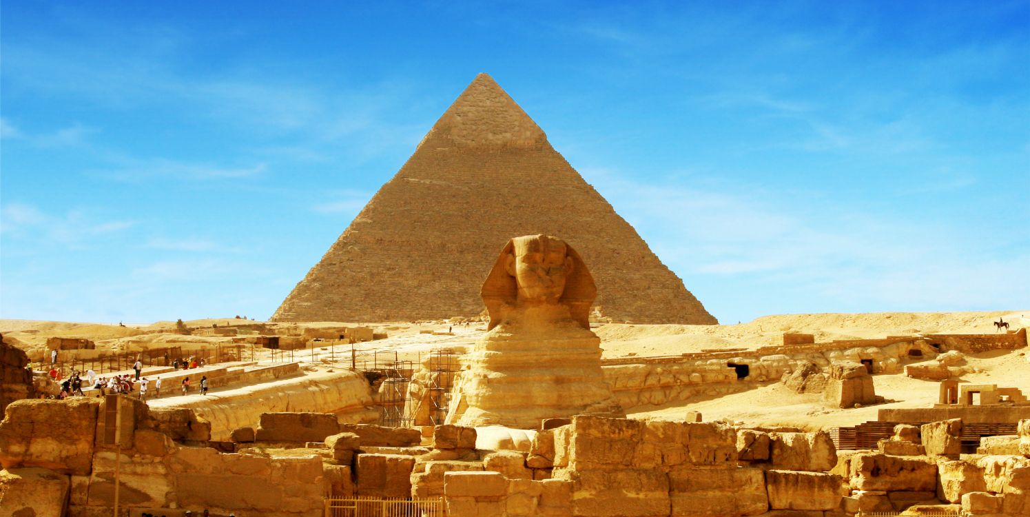 Обои Великий Сфинкс Гизы, пирамида, древняя история, историческое место, ориентир в разрешении 3504x1757