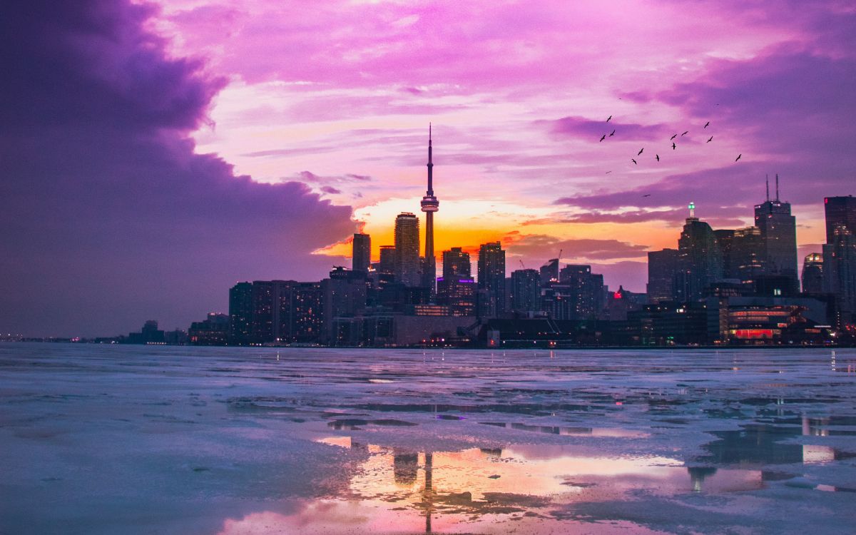 Обои городской пейзаж, линия горизонта, город, сумрак, розовый в разрешении 3840x2400