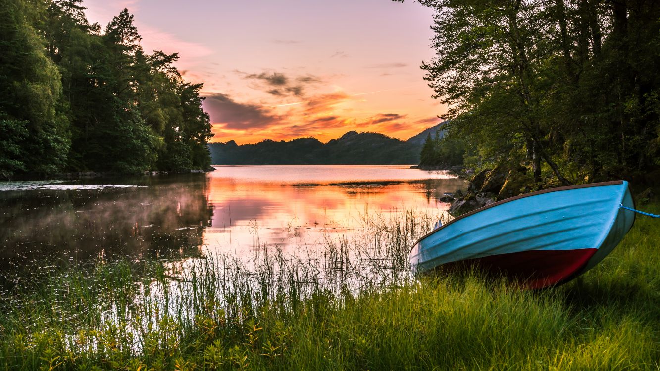 Обои лодка, Банк, озеро, вода, растение в разрешении 3840x2160