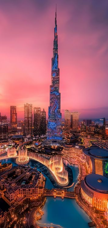 Обои Дубай — Вид на Бурдж Халифа и фонтан в разрешении 1422x3000
