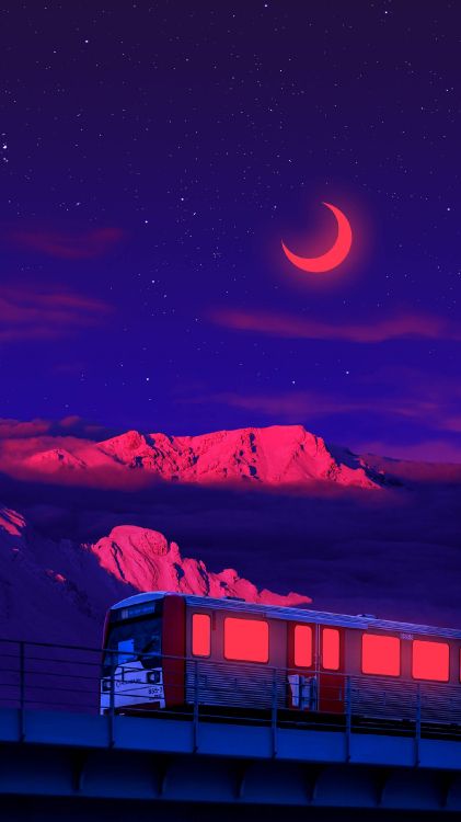 Обои поезд, смартфон, атмосфера, луна, свет в разрешении 1440x2560