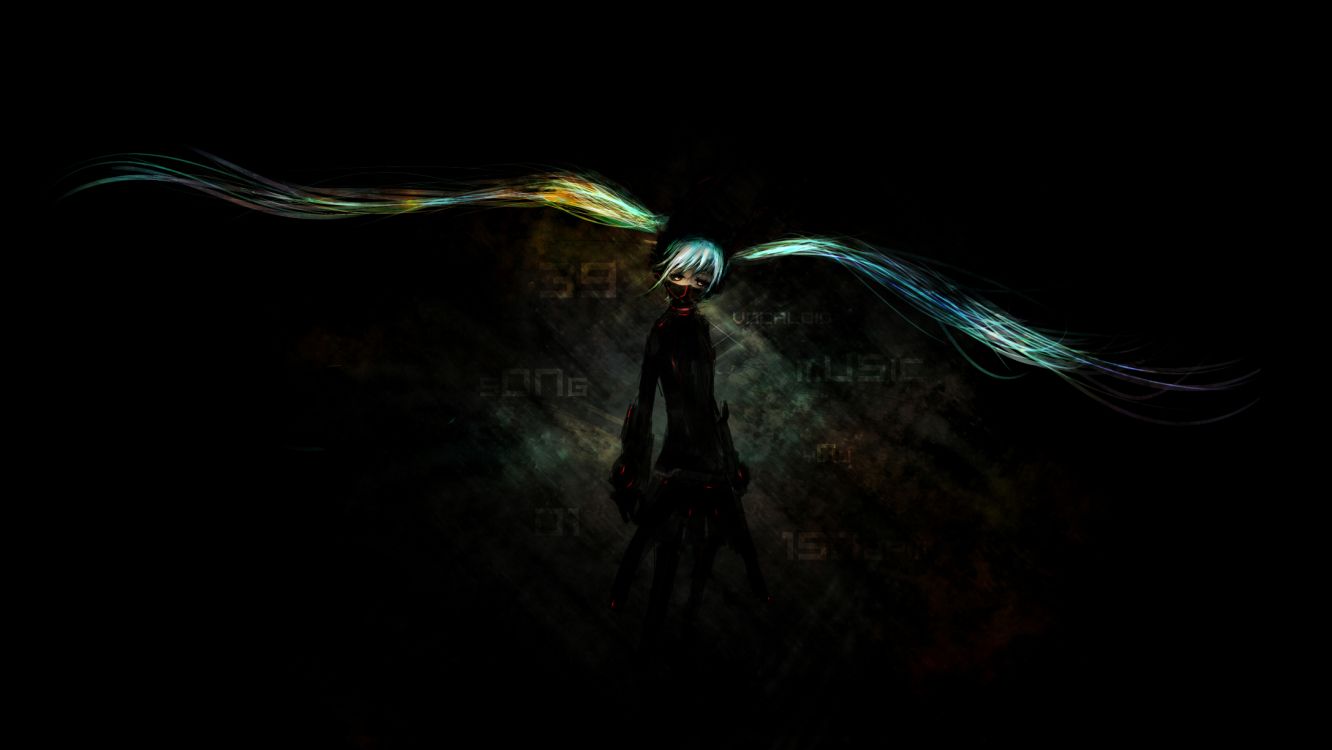 Обои Хацунэ Мику, вокалоид, черный, темнота, зеленый в разрешении 2177x1225