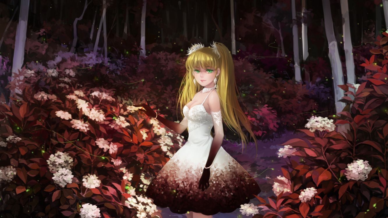 Обои лес темный аниме девушка, аниме, рукав, цветок, растение в разрешении 1920x1080