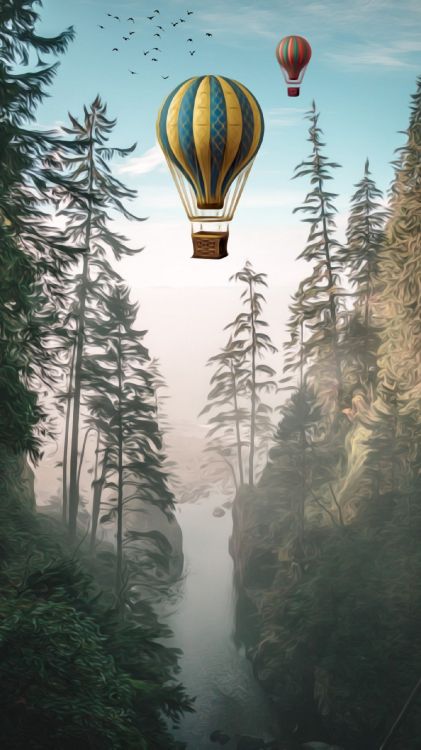 Обои воздушный шар, дерево, природа, лес, ель в разрешении 1440x2560